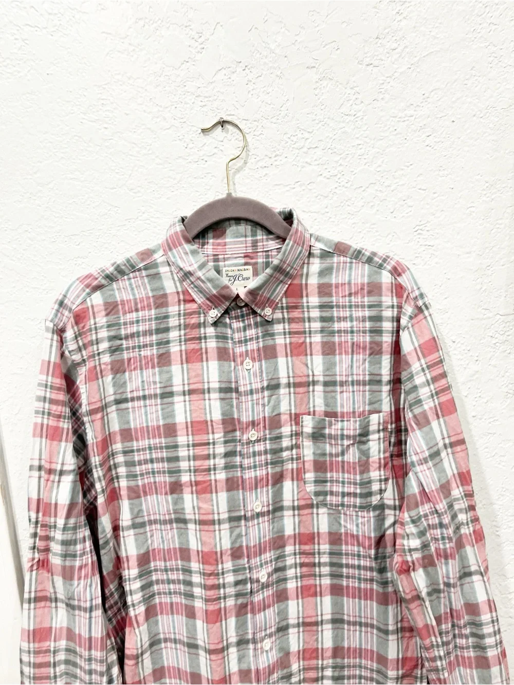 J. Crew Indian Madras Shirt Men's Large Pink Gray Plaid Woven Preppy Long Sleeve
